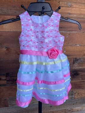 NWOT! Bonnie Baby White Dress with Pink Floral Bodice and Pastel Ribbon Stripes